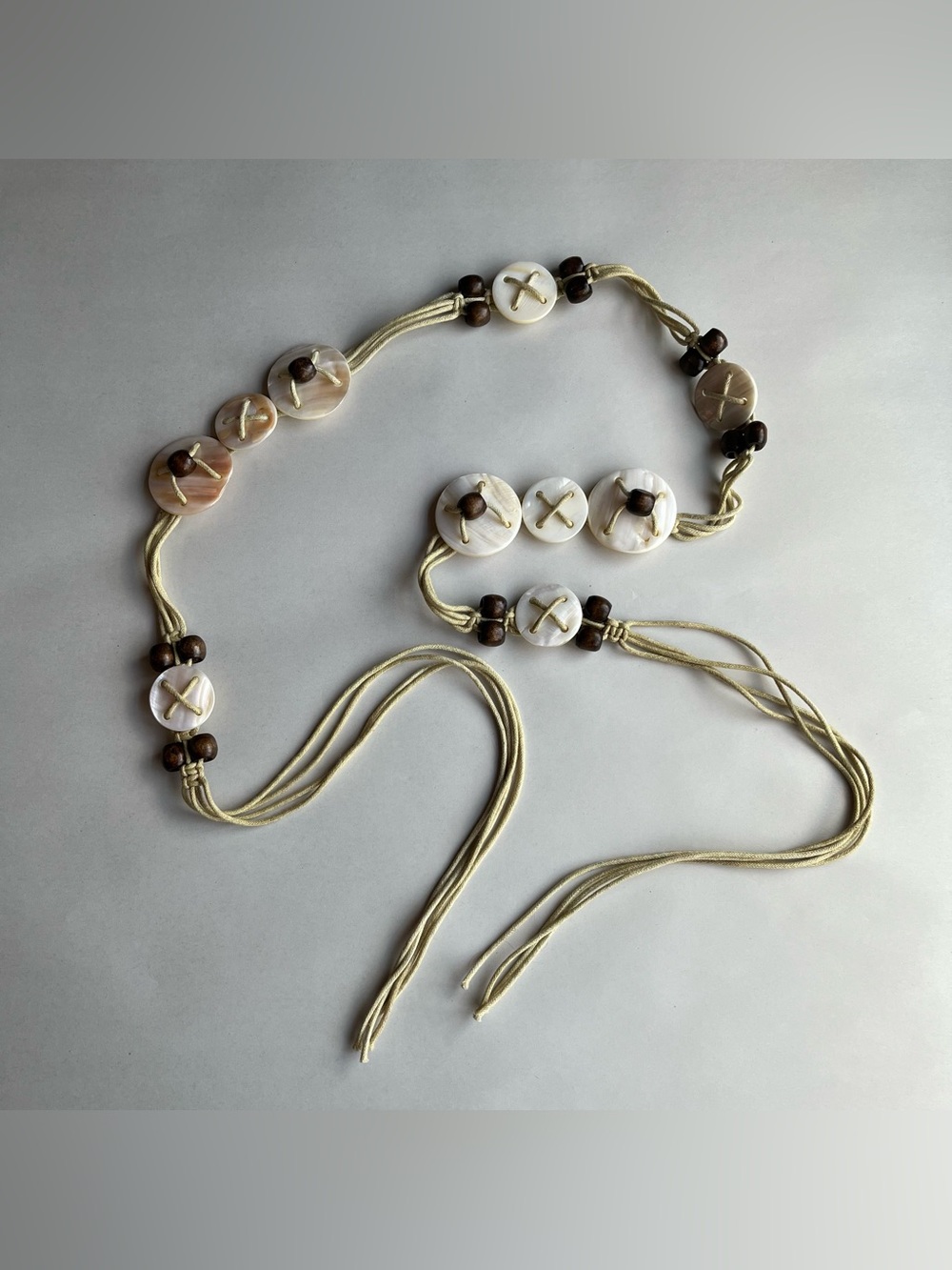 Handmade Wood Shell Beaded Beige Cream Cording Belt